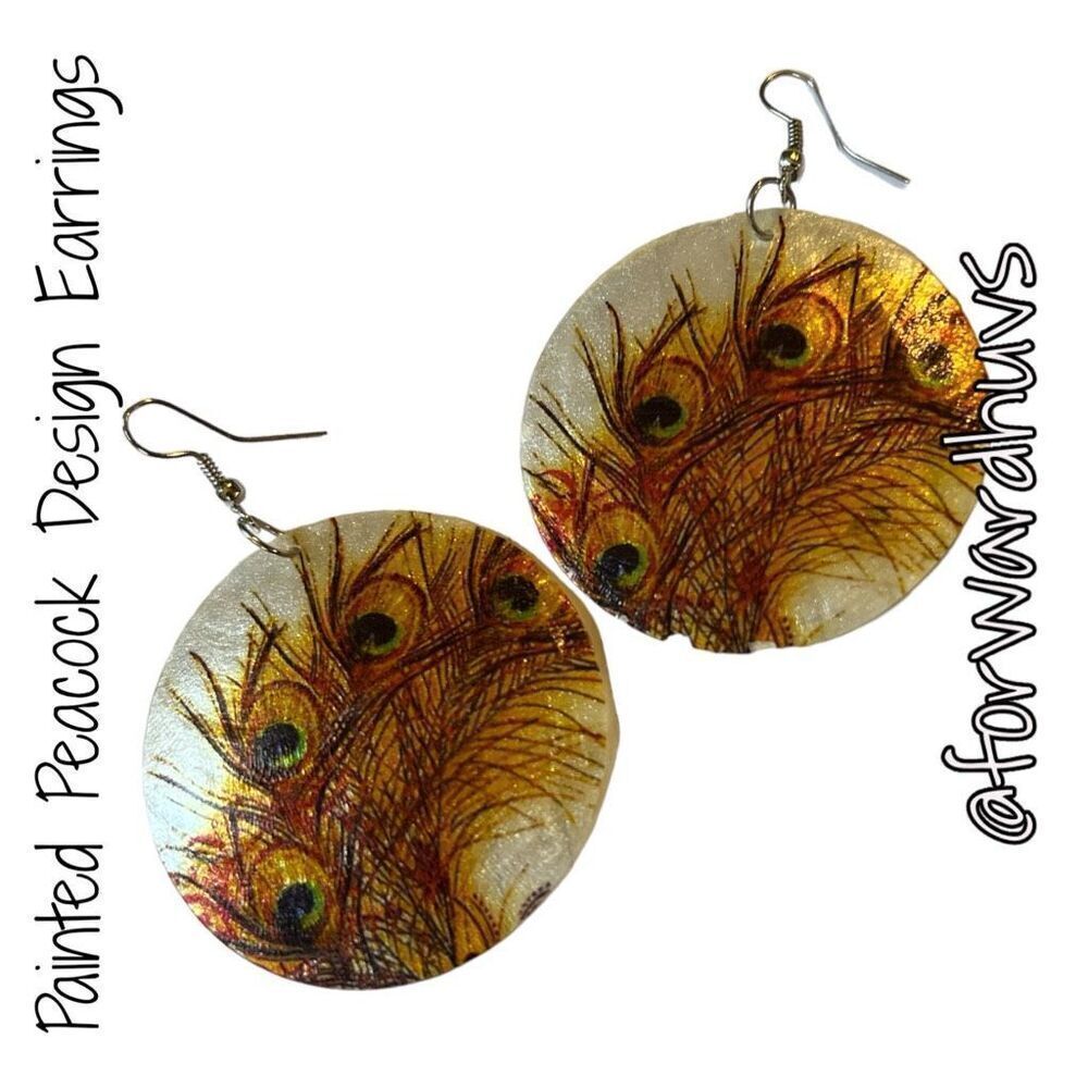 Thin Hand Painted Peacock Design Earrings